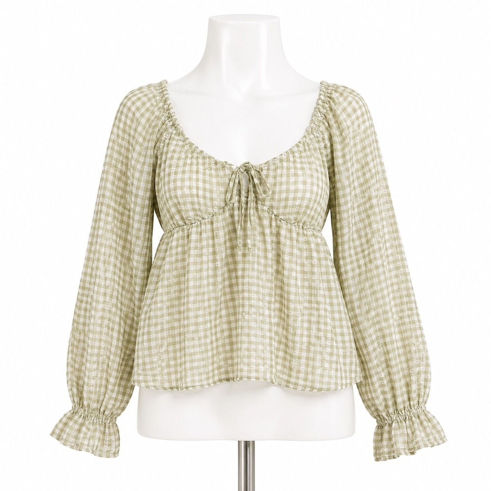 Blu Pepper Gingham‎ Peasant Blouse Sage Small Cottagecore Coquette Milkmaid Boho